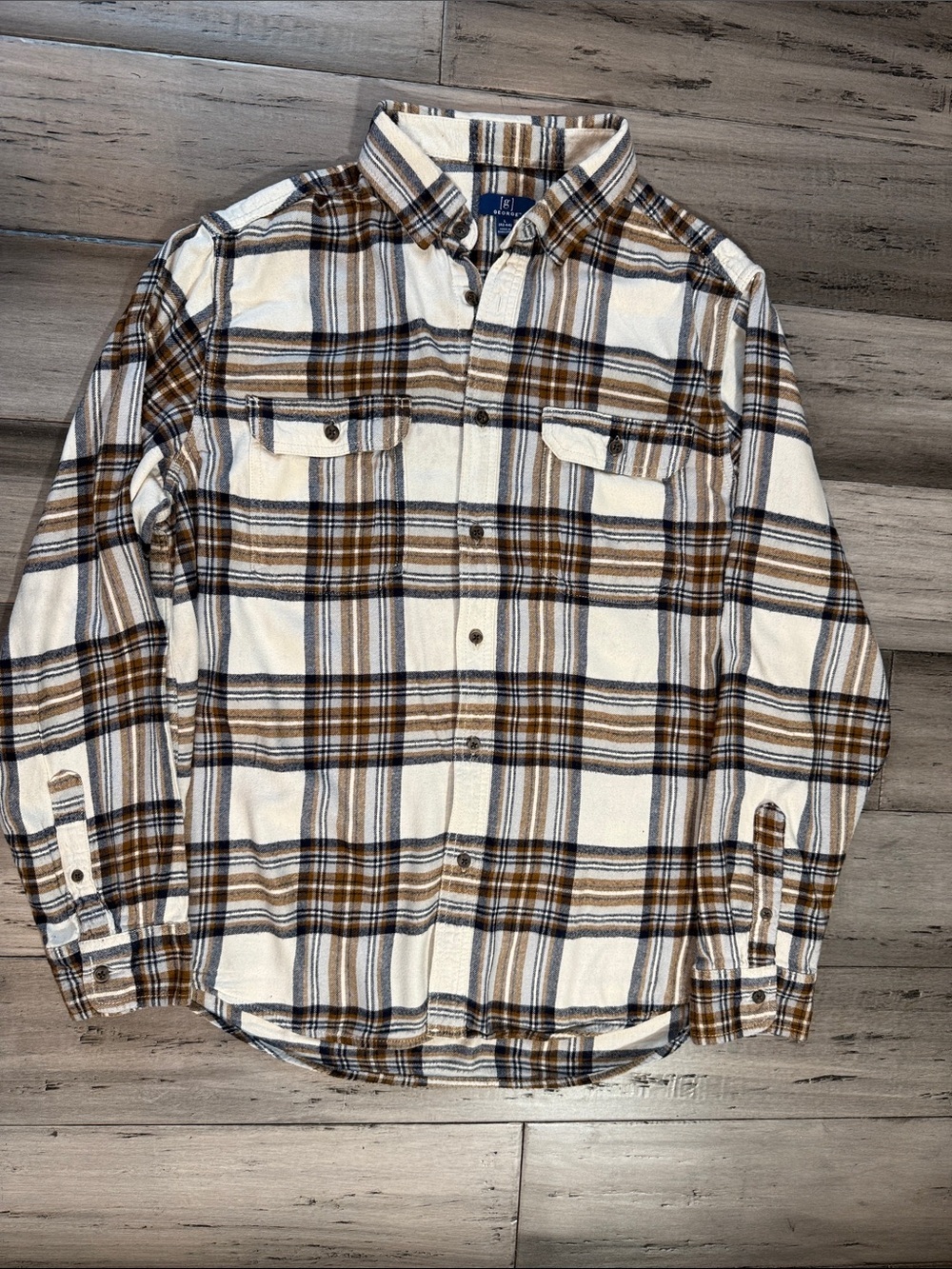 George Plaid Flannel Button-Up Shirt - Cream, Brown & Navy